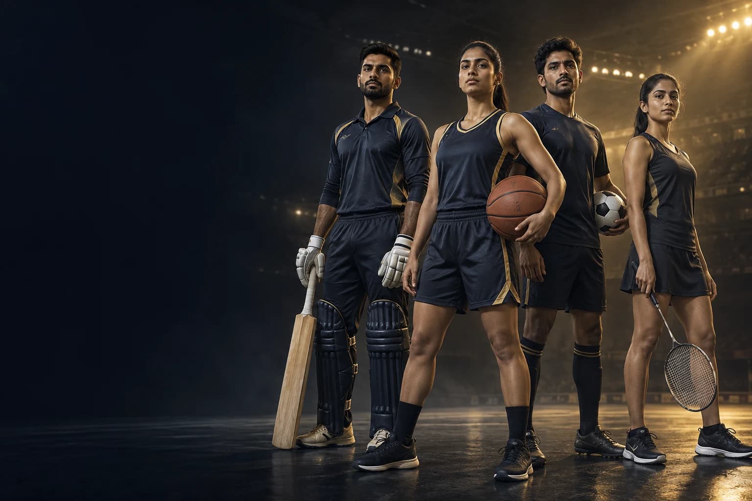 Four fictional athletes representing basketball, football, badminton and cricket